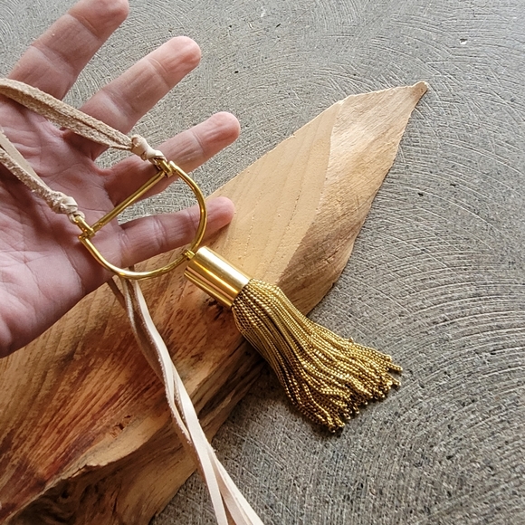 Designer brass square fringe leather neckl… - Picture 4 of 10